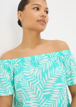 Tops>Papaya Blue Leaf Print Bardot Top
