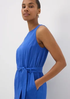 Jumpsuits & Playsuits>Papaya Blue Linen Blend Tie Waist Jumpsuit