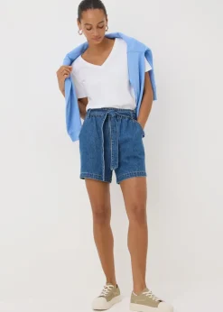Shorts>Papaya Denim Blue Mid Wash Belted Shorts