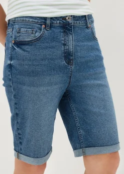 Shorts>Papaya Denim Blue Mid Wash Denim Knee Length Shorts