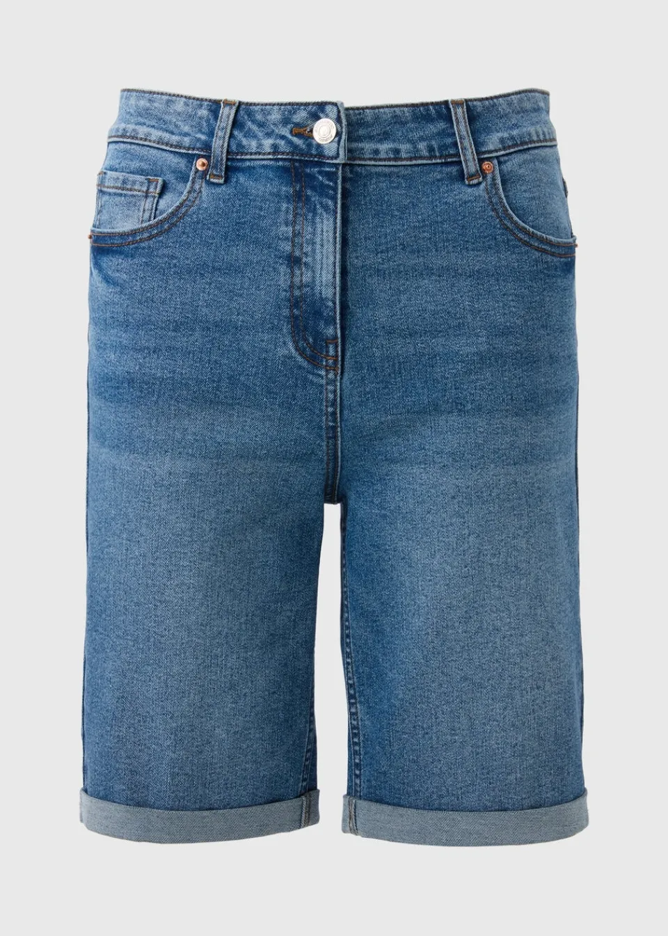 Shorts>Papaya Denim Blue Mid Wash Denim Knee Length Shorts