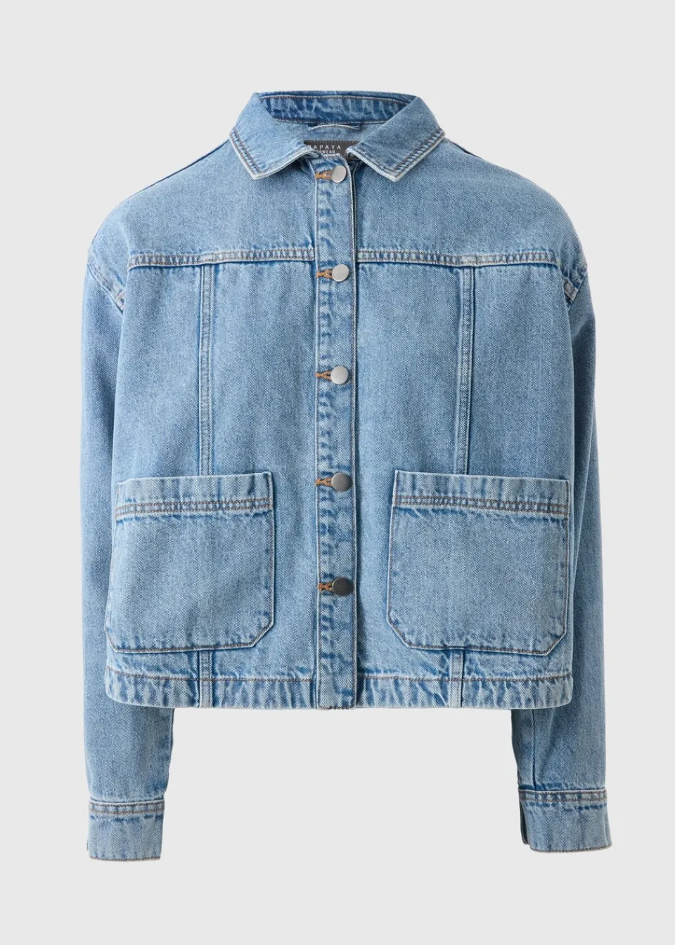 Coats & Jackets>Papaya Blue Mid Wash Denim Shacket