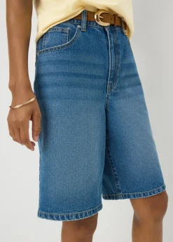 Shorts>Papaya Blue Mid Wash Relaxed Knee Denim Shorts