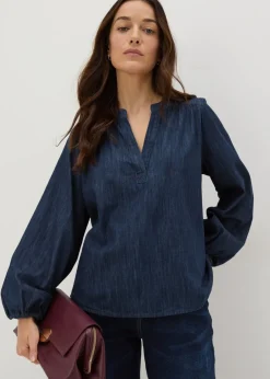 Tops>Papaya Blue Notched Neck Blouse