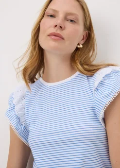 T-Shirts>Papaya Blue Stripe Broderie Frill Sleeve T-Shirt