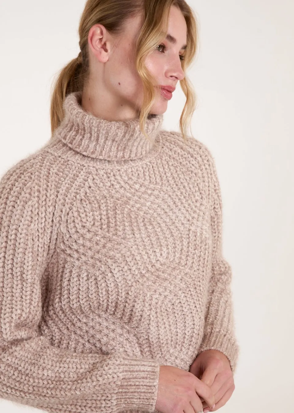 Knitwear>Blue Vanilla Beige Chenille Roll Neck Knit Jumper