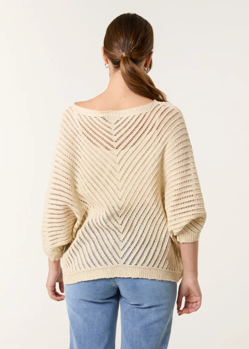 Tops>Blue Vanilla Beige Crochet V Neck Jumper