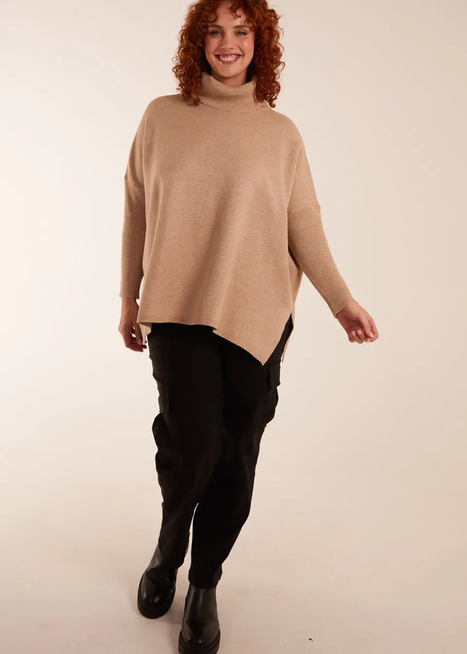 Tops>Blue Vanilla Curve High Neck Boxy Jumper Beige