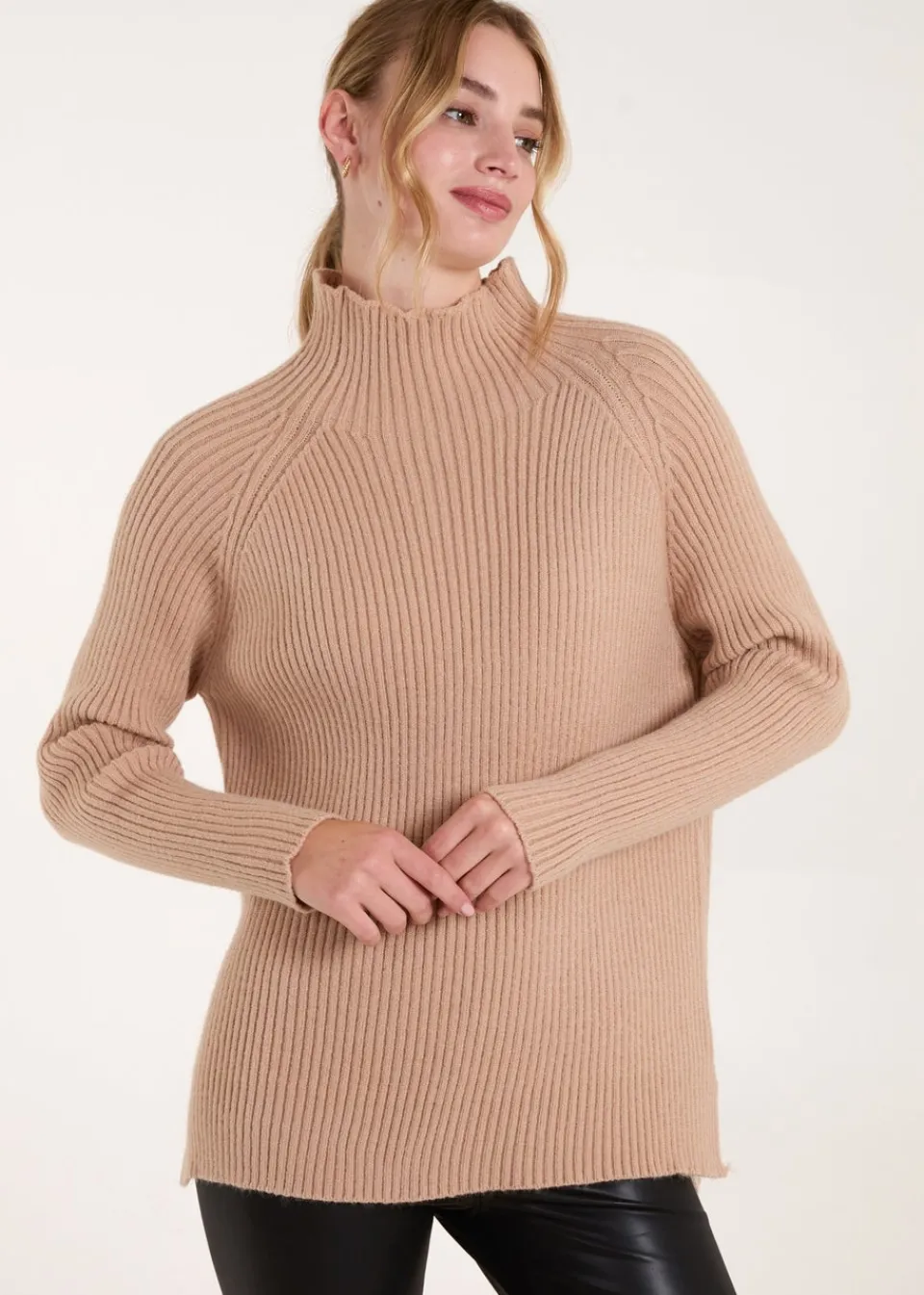 Knitwear>Blue Vanilla Beige Double Hem Detail High Neck Jumper