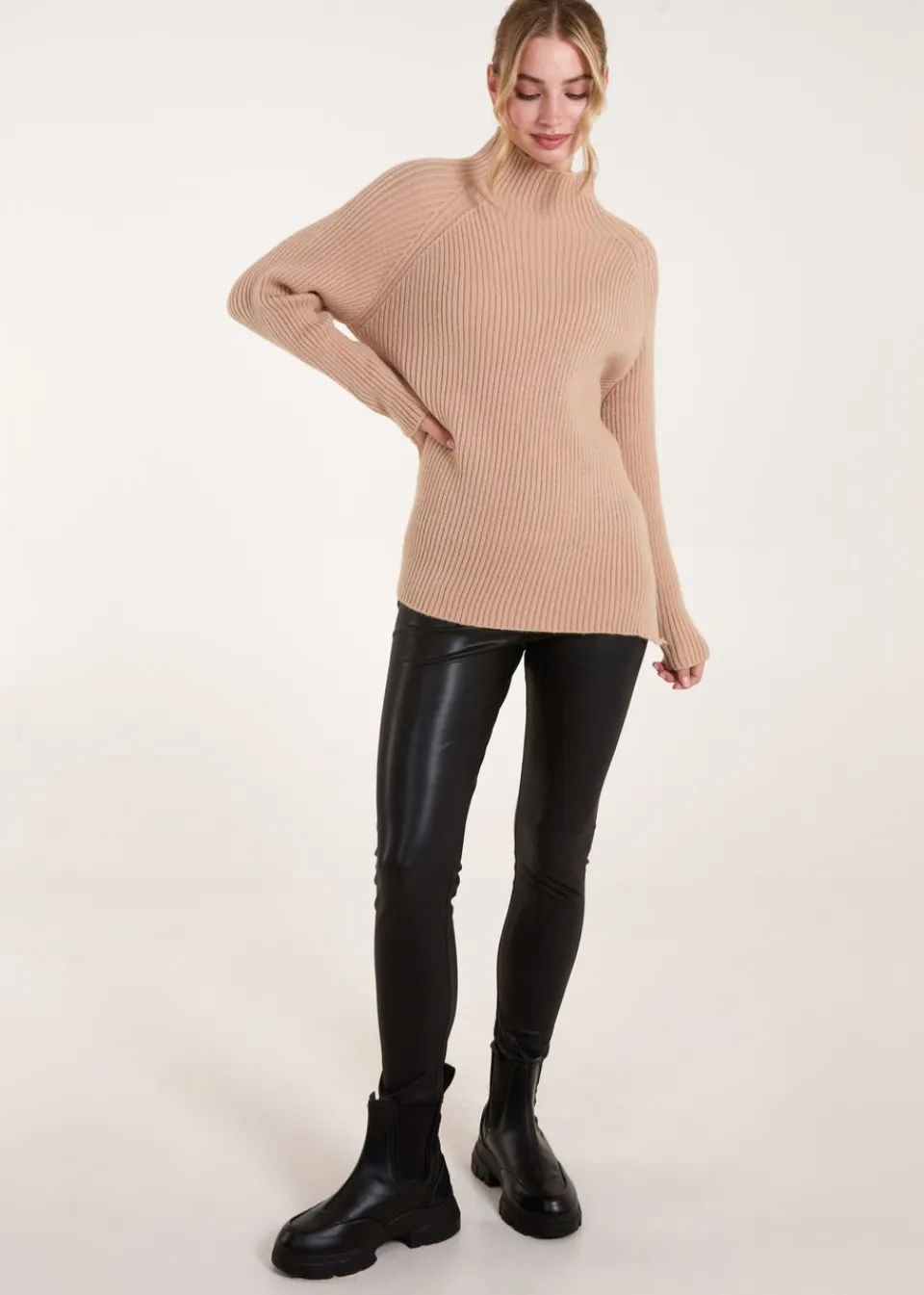 Knitwear>Blue Vanilla Beige Double Hem Detail High Neck Jumper