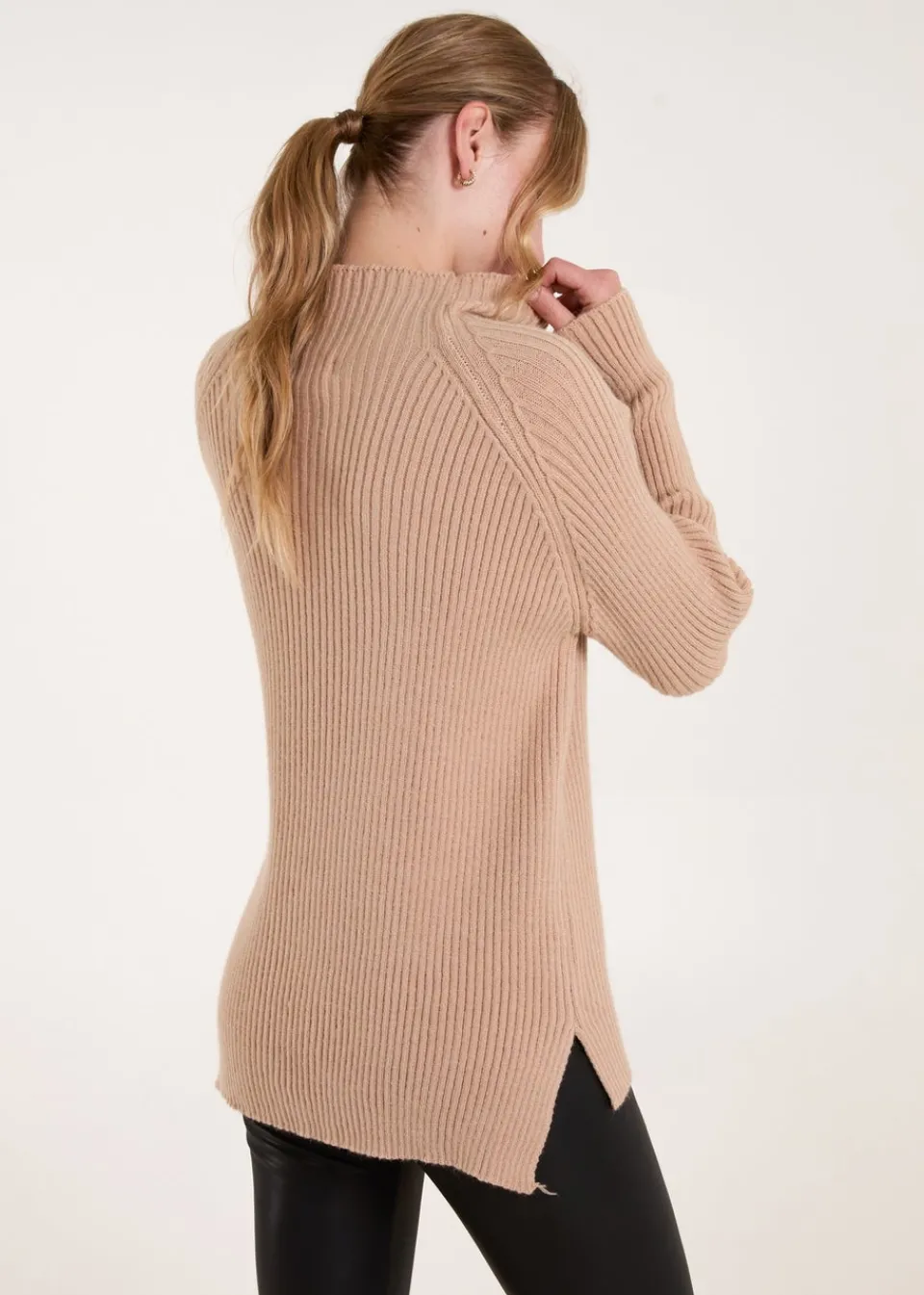 Knitwear>Blue Vanilla Beige Double Hem Detail High Neck Jumper