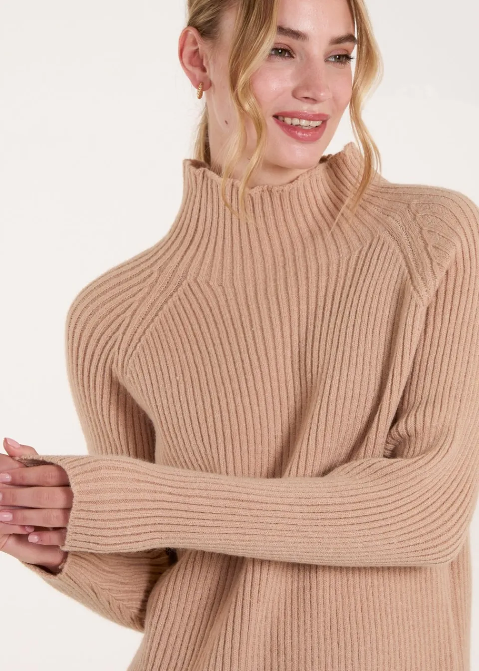 Knitwear>Blue Vanilla Beige Double Hem Detail High Neck Jumper