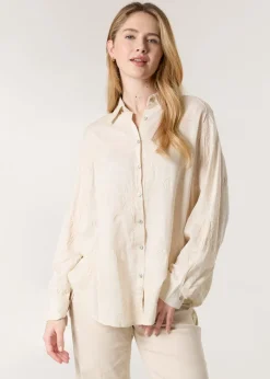 Tops>Blue Vanilla Beige Embroidered Linen Shirt