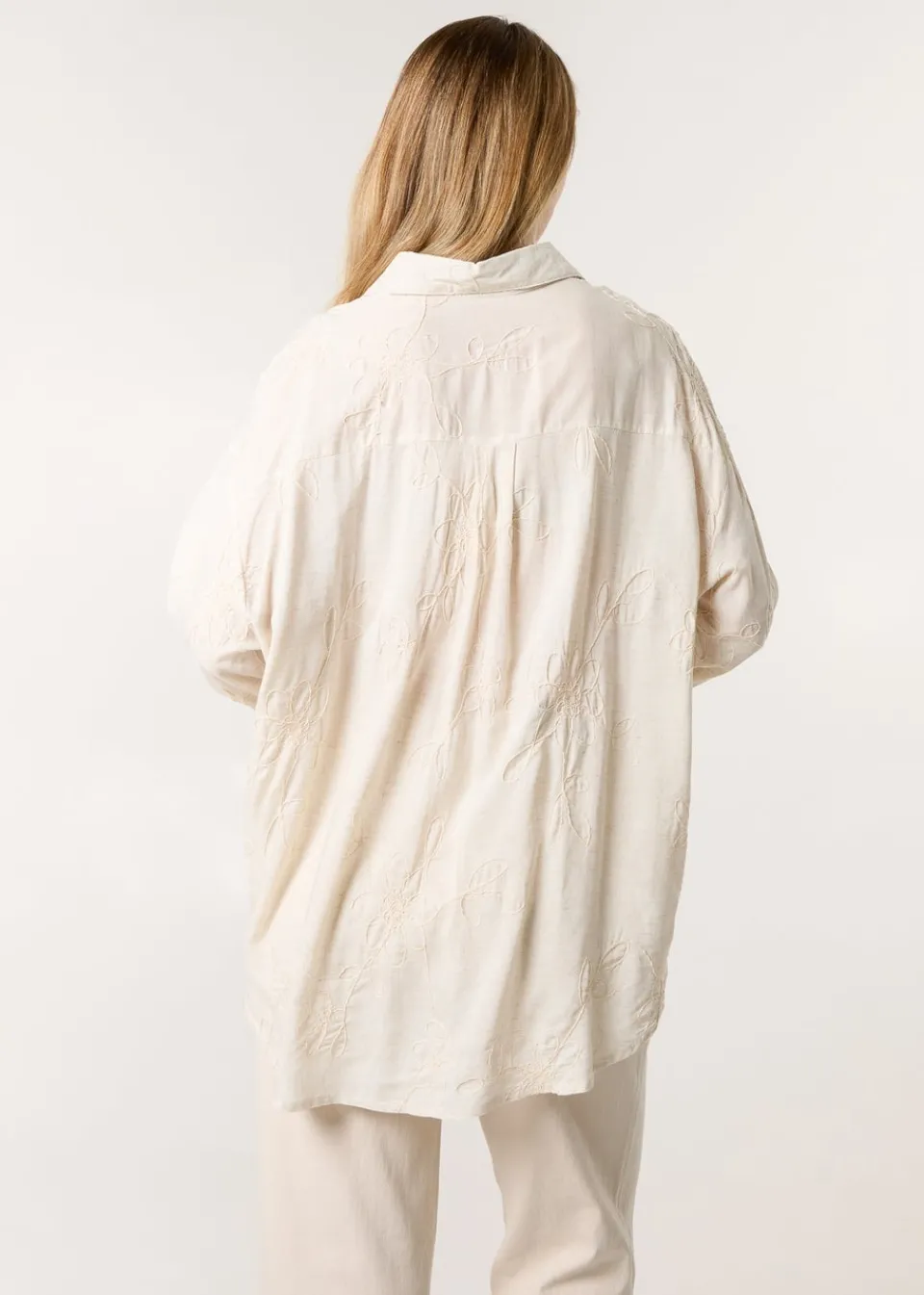 Tops>Blue Vanilla Beige Embroidered Linen Shirt