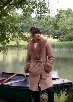 Coats & Jackets>Blue Vanilla Beige Faux Fur Belted Coat
