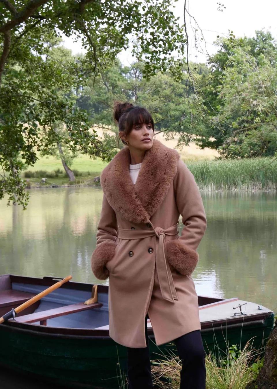 Coats & Jackets>Blue Vanilla Beige Faux Fur Belted Coat