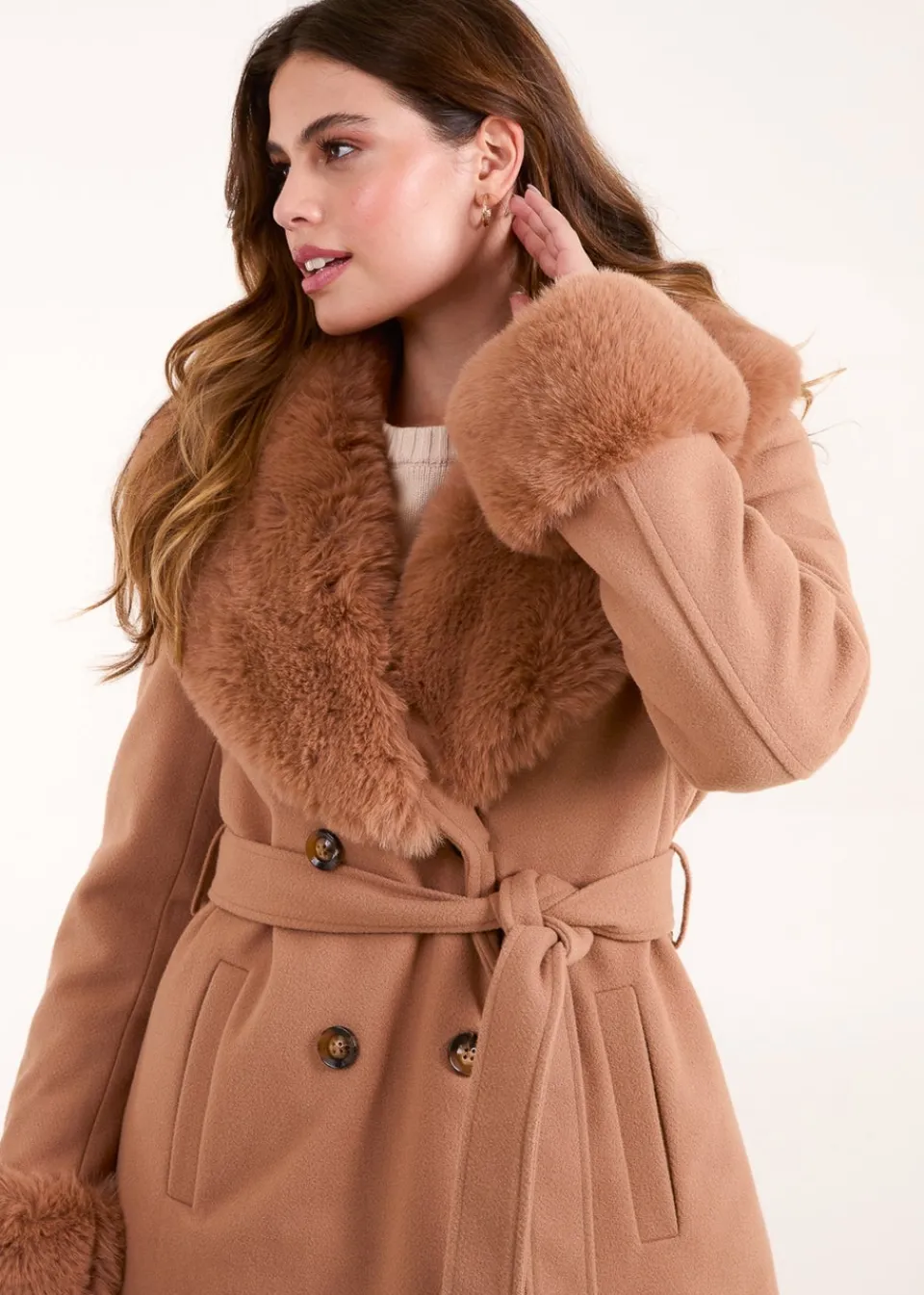 Coats & Jackets>Blue Vanilla Beige Faux Fur Belted Coat