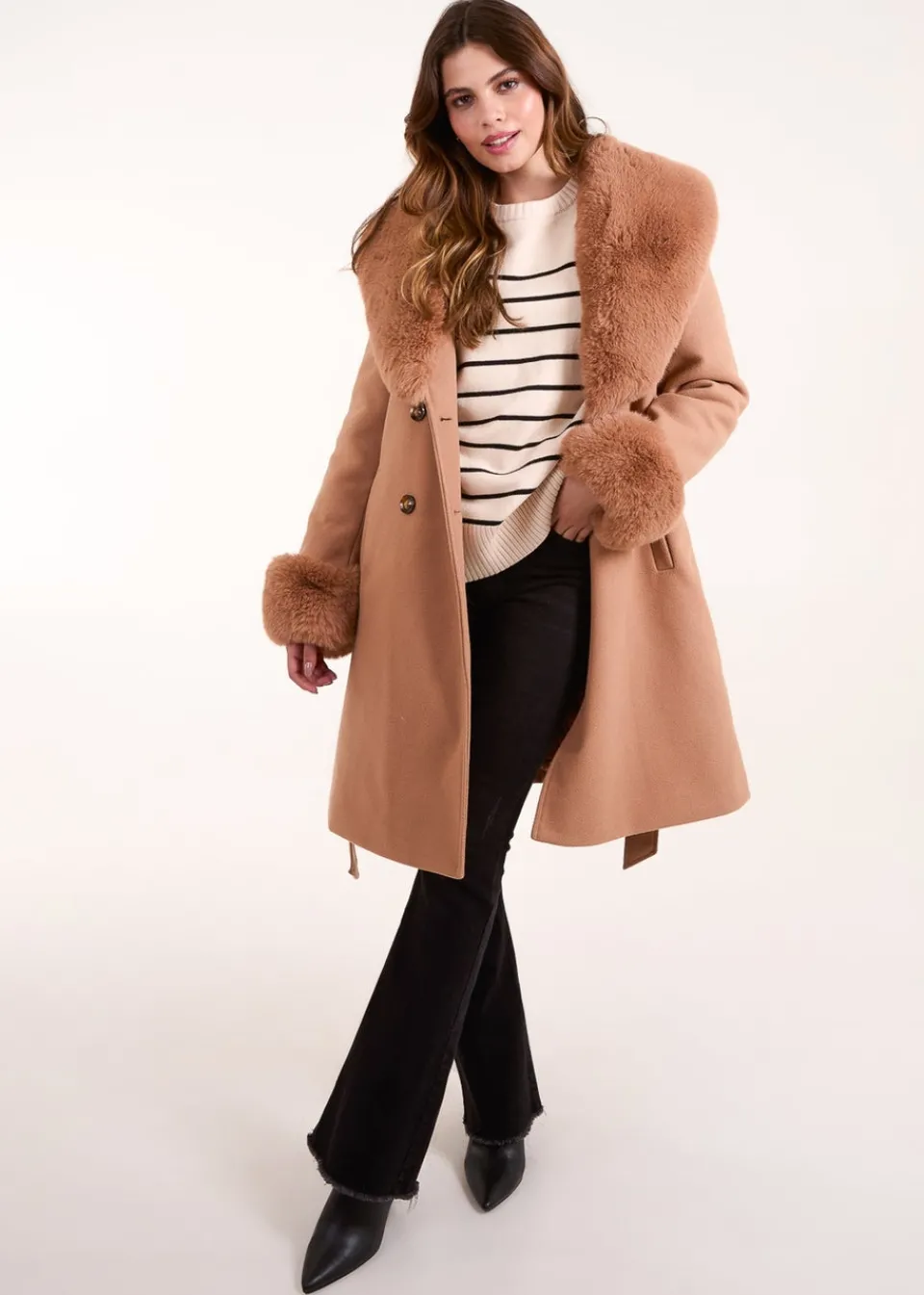 Coats & Jackets>Blue Vanilla Beige Faux Fur Belted Coat