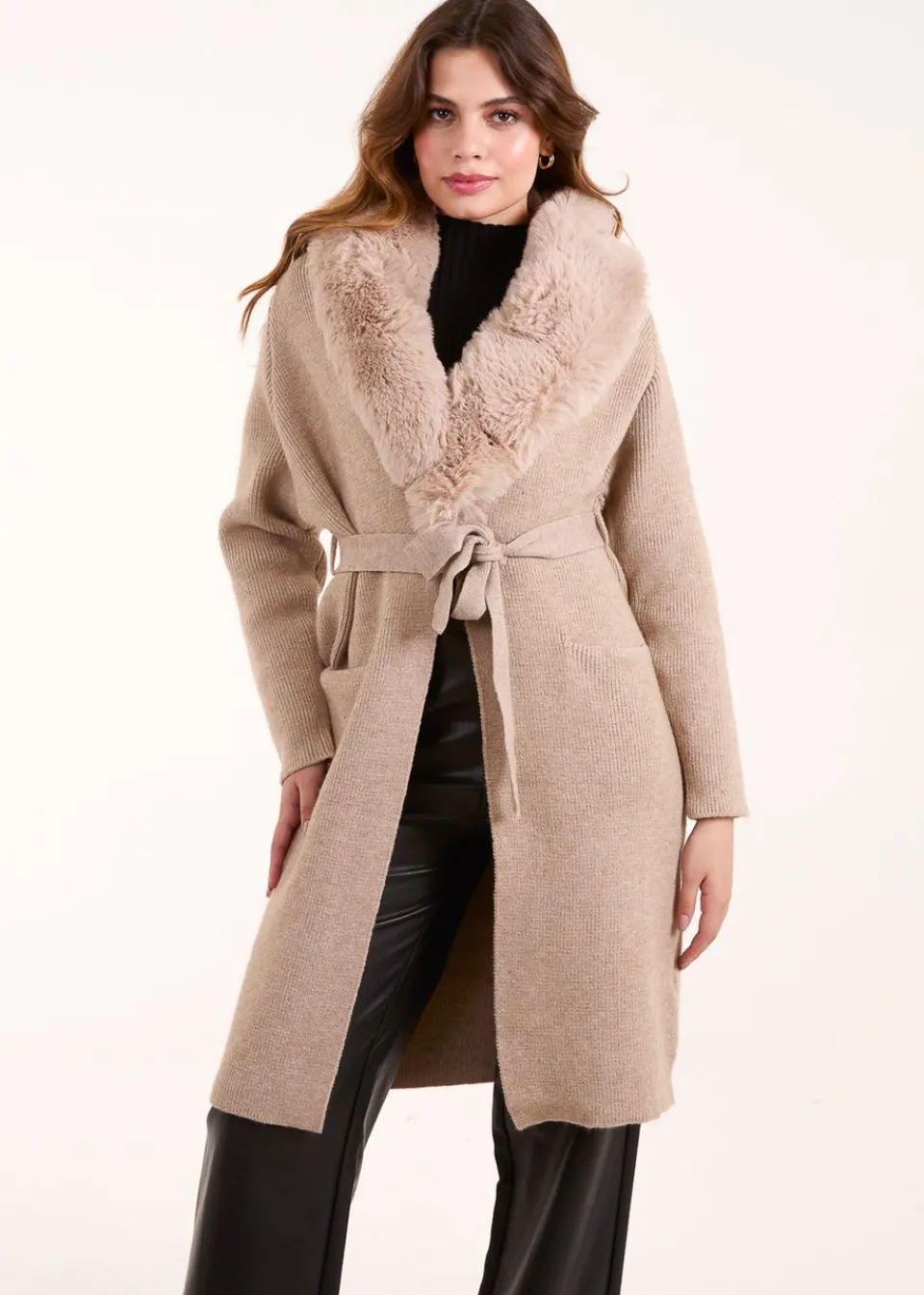 Tops>Blue Vanilla Beige Faux Fur Collar Two Pocket Cardigan