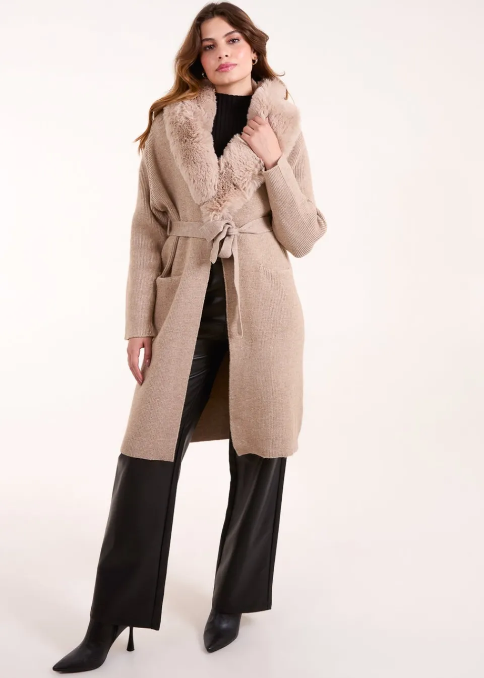 Tops>Blue Vanilla Beige Faux Fur Collar Two Pocket Cardigan