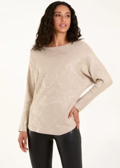 Tops>Blue Vanilla Beige Foil Leaf Print Round Neck Jumper