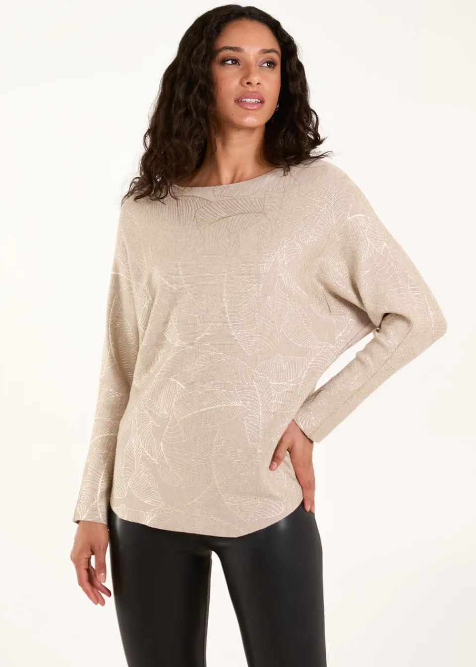 Tops>Blue Vanilla Beige Foil Leaf Print Round Neck Jumper