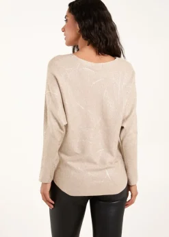 Tops>Blue Vanilla Beige Foil Leaf Print Round Neck Jumper