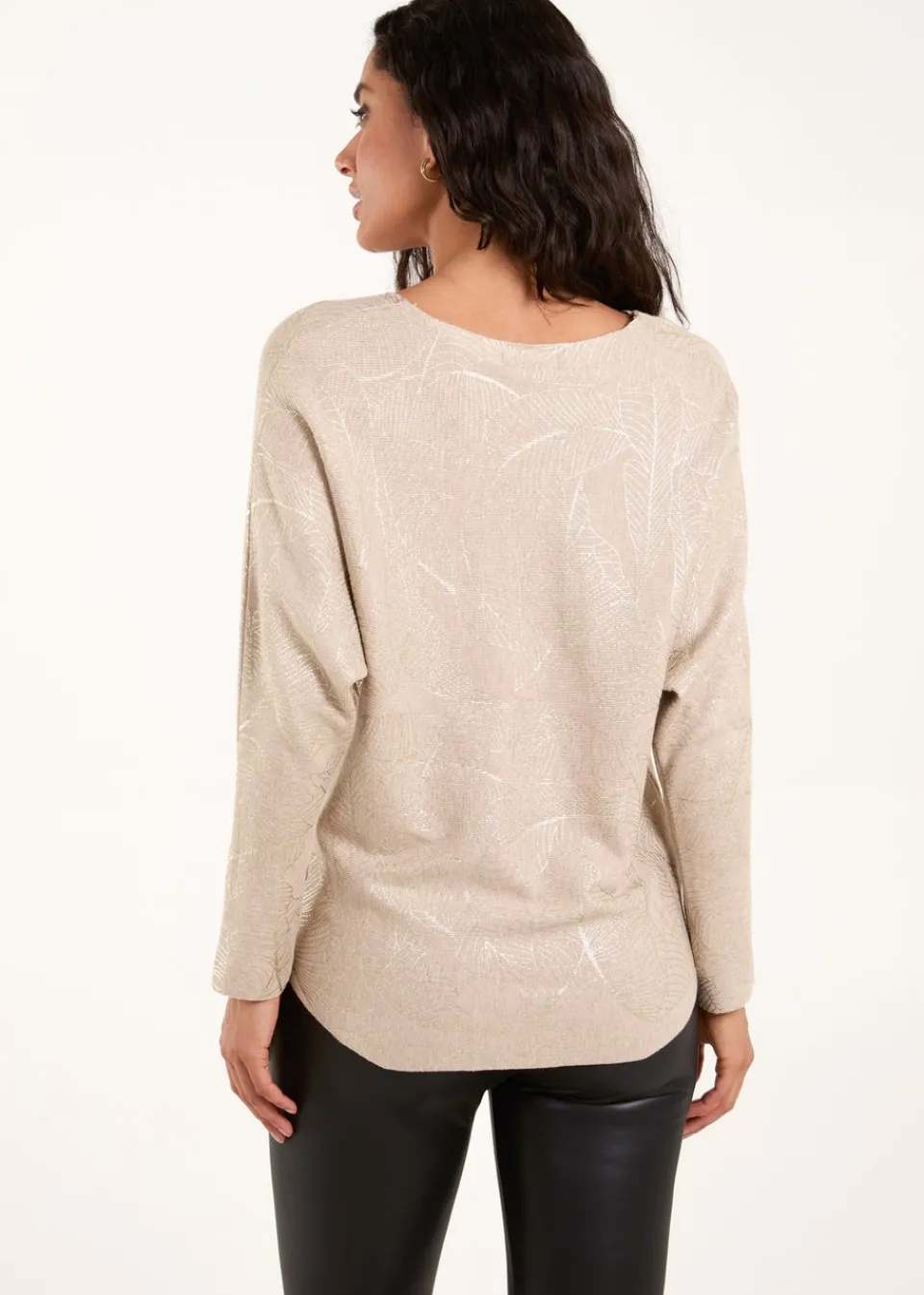 Tops>Blue Vanilla Beige Foil Leaf Print Round Neck Jumper
