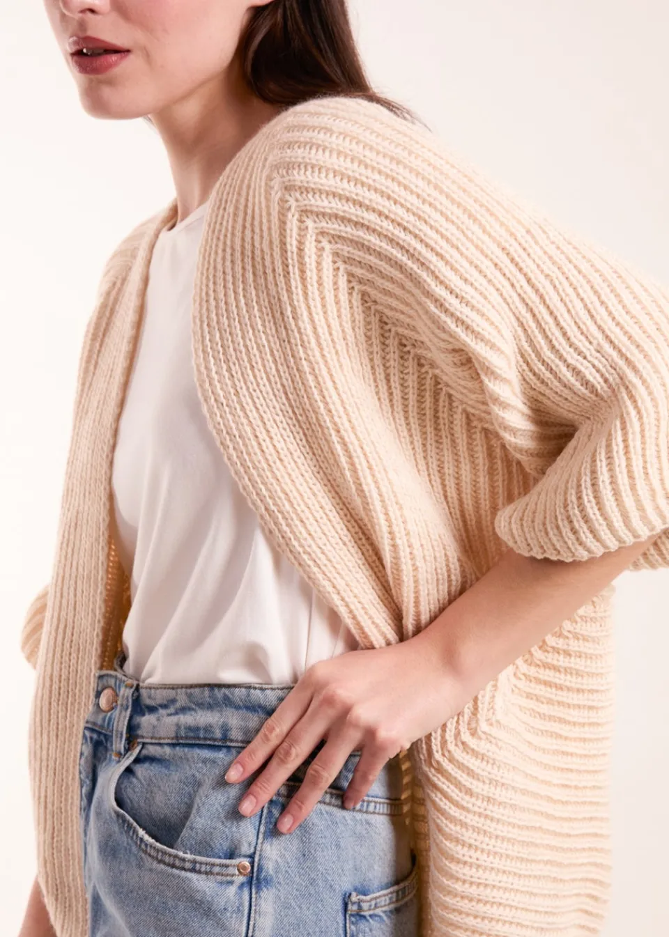 Tops>Blue Vanilla Knitted Mid Length Cardigan Beige