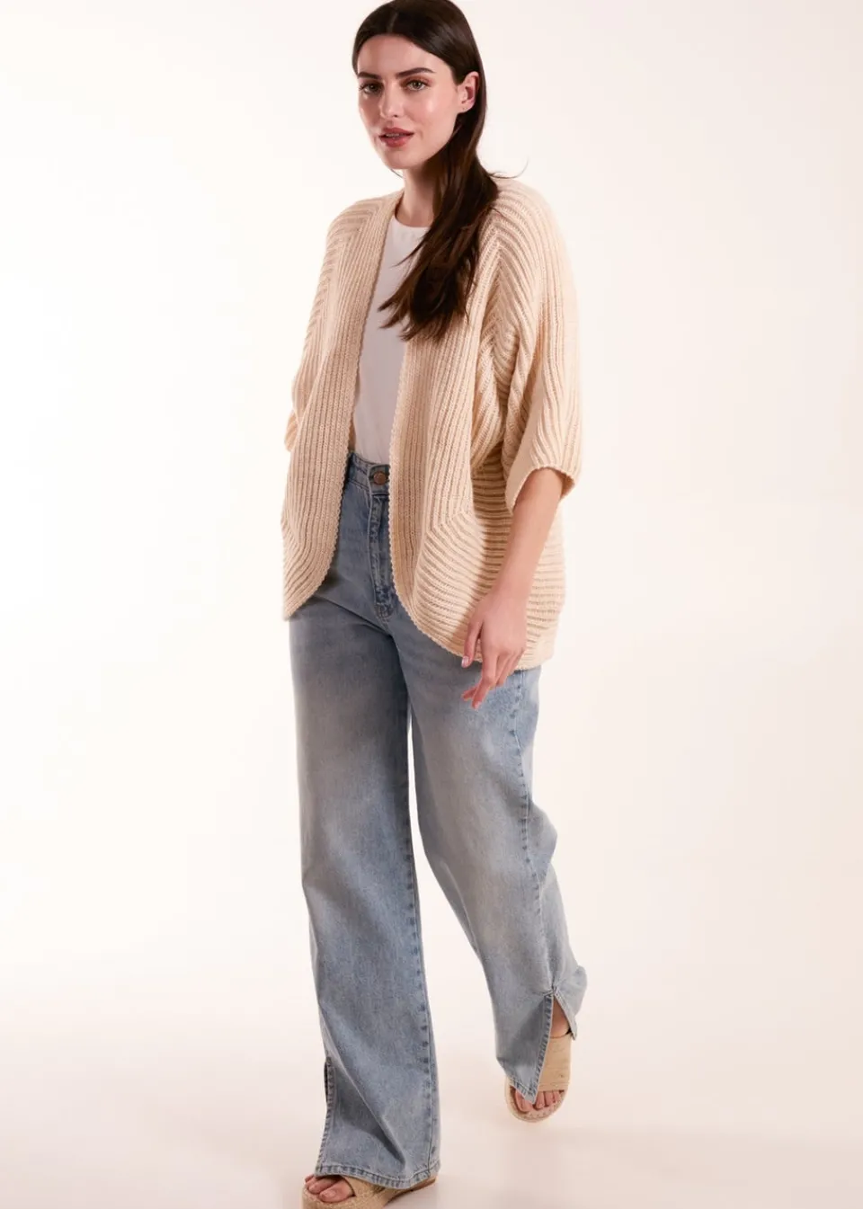 Tops>Blue Vanilla Knitted Mid Length Cardigan Beige