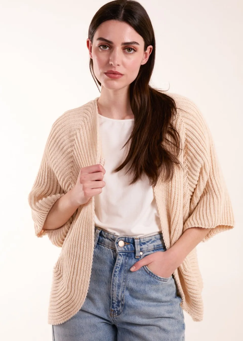Tops>Blue Vanilla Knitted Mid Length Cardigan Beige