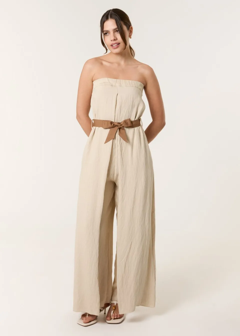 Jumpsuits & Playsuits>Blue Vanilla Beige Linen Belted Wide Bandeau Jumpsuit