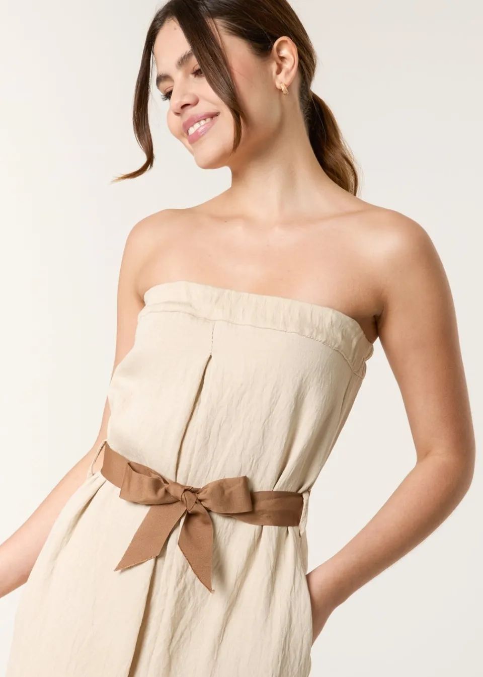 Jumpsuits & Playsuits>Blue Vanilla Beige Linen Belted Wide Bandeau Jumpsuit