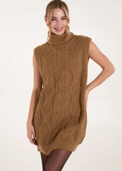 Tops>Blue Vanilla Beige Roll Neck Cable Knitted Oversized Sleeveless Jumper