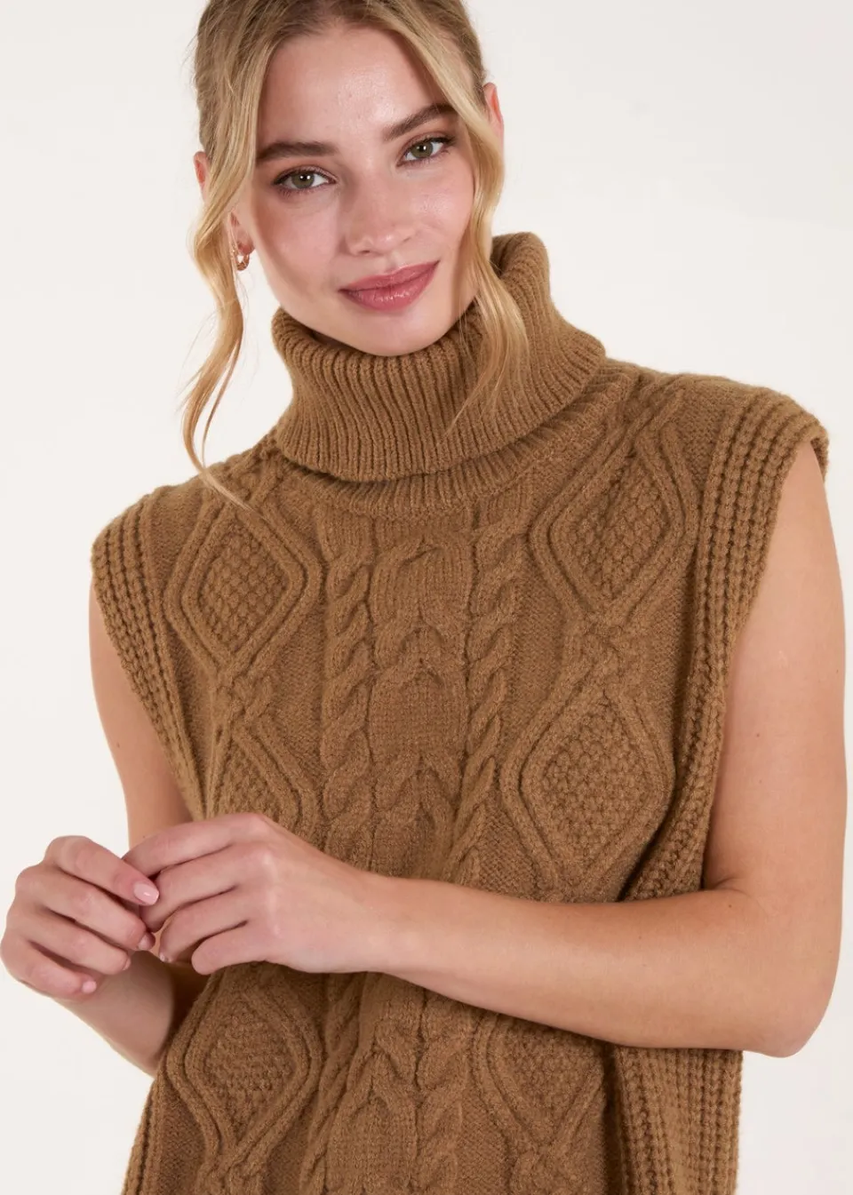 Tops>Blue Vanilla Beige Roll Neck Cable Knitted Oversized Sleeveless Jumper