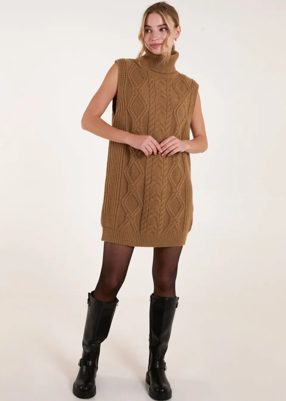 Tops>Blue Vanilla Beige Roll Neck Cable Knitted Oversized Sleeveless Jumper