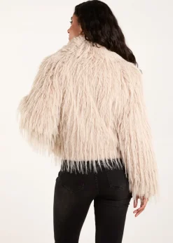Coats & Jackets>Blue Vanilla Beige Textured Faux Fur Collar Coat