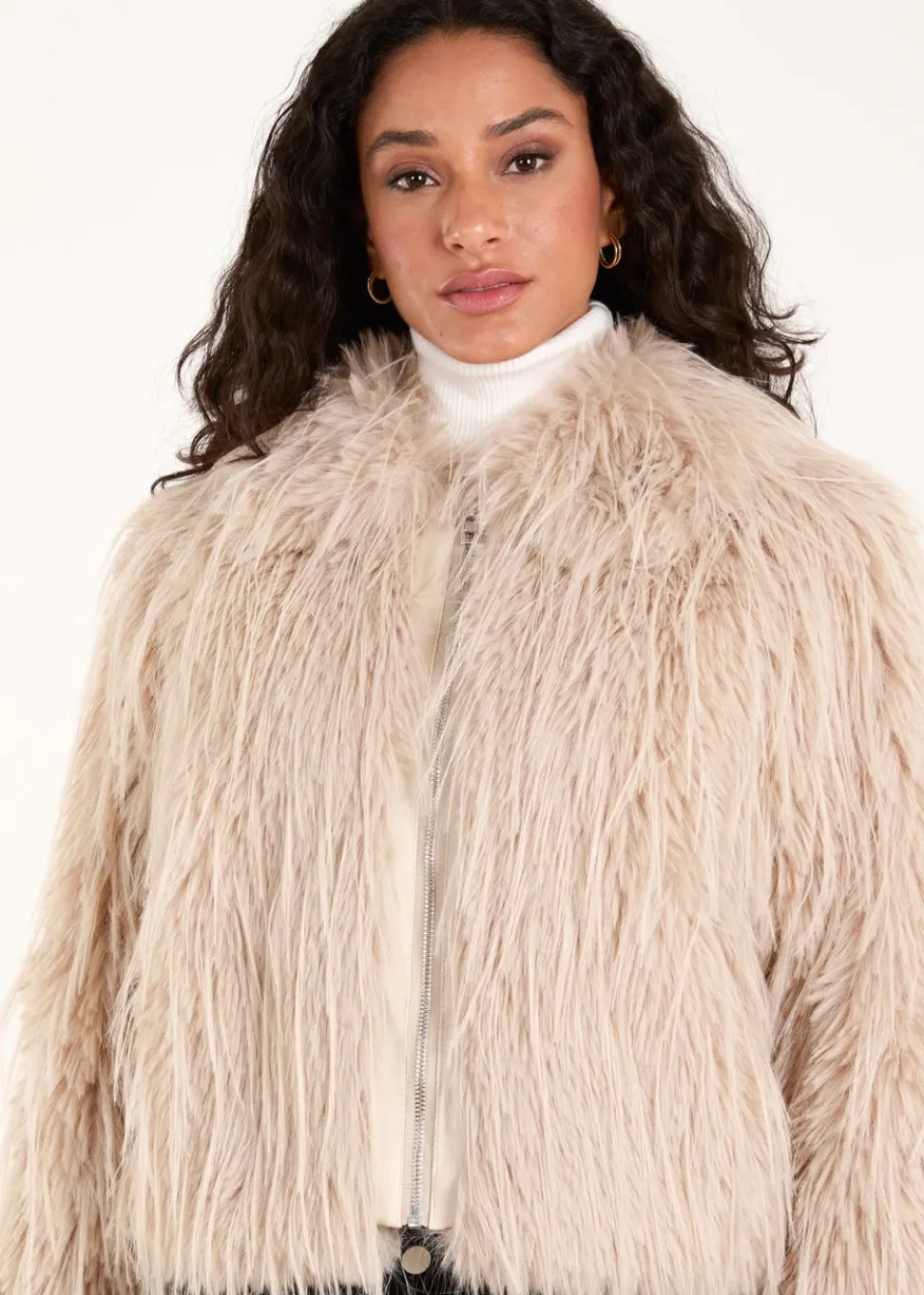 Coats & Jackets>Blue Vanilla Beige Textured Faux Fur Collar Coat