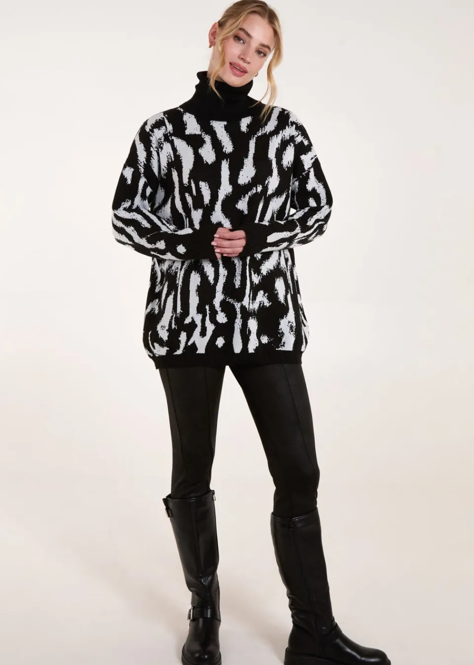 Tops>Blue Vanilla Black Abstract Animal Roll Neck Jumper