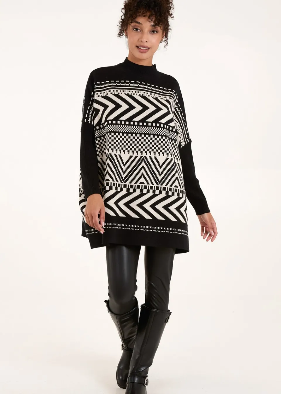 Knitwear>Blue Vanilla Black Abstract Print Round Neck Jumper