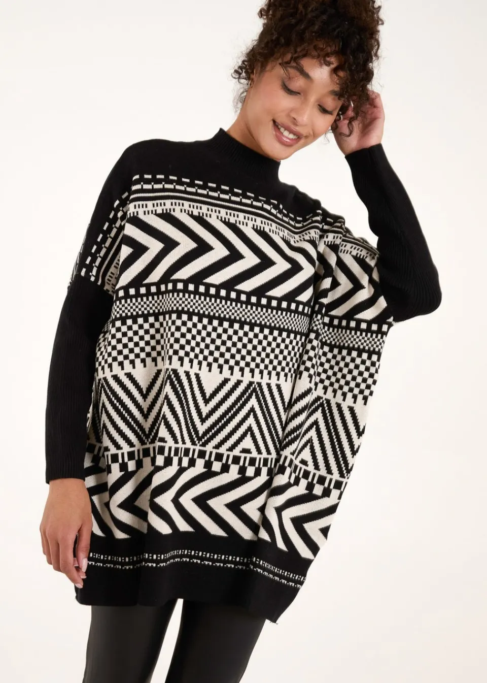 Knitwear>Blue Vanilla Black Abstract Print Round Neck Jumper