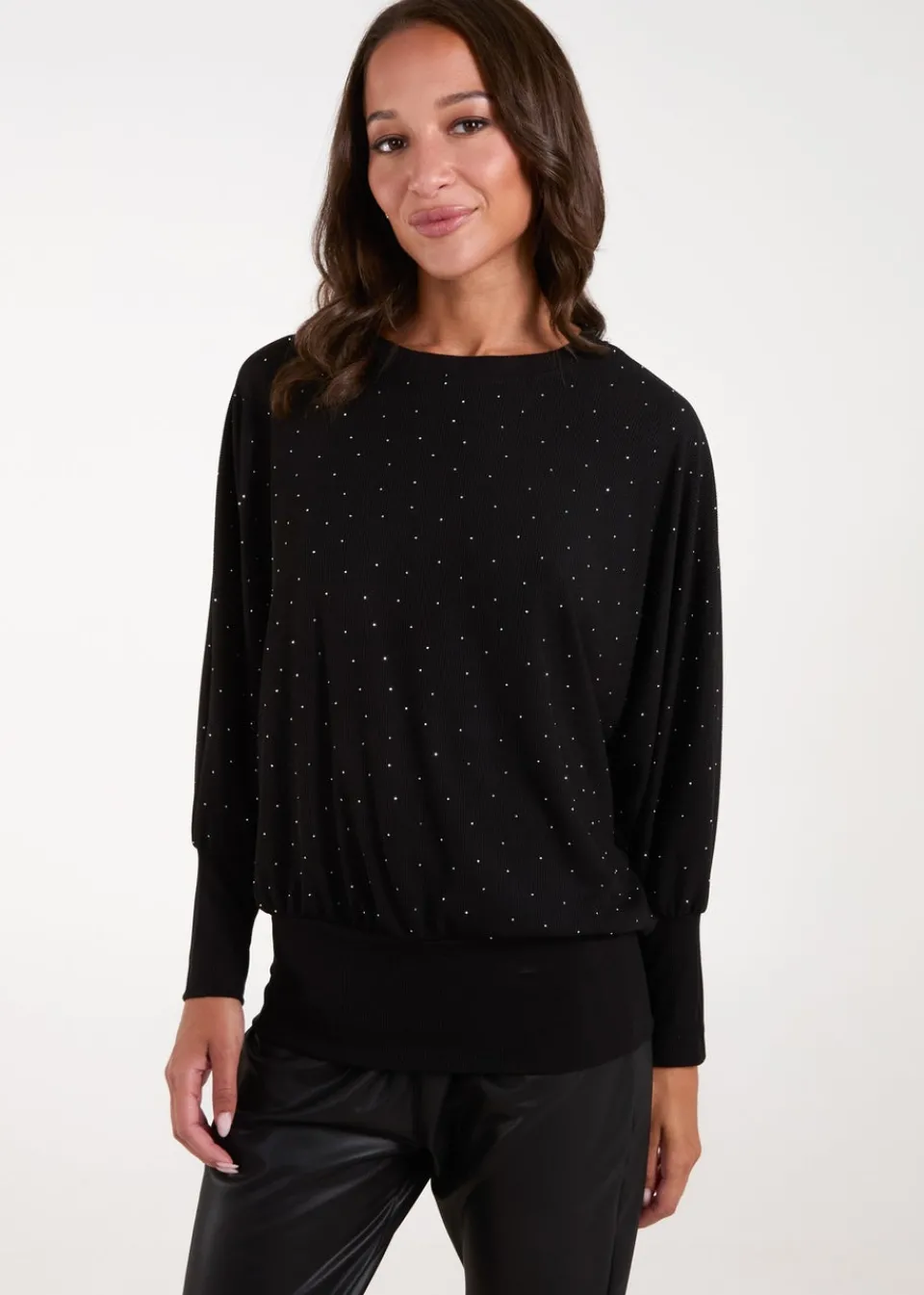 Tops>Blue Vanilla Black Batwing Top With Diamantes