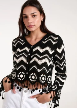 Tops>Blue Vanilla Black Crochet Zig Zag Tassel Detailed Button Front Cardigan