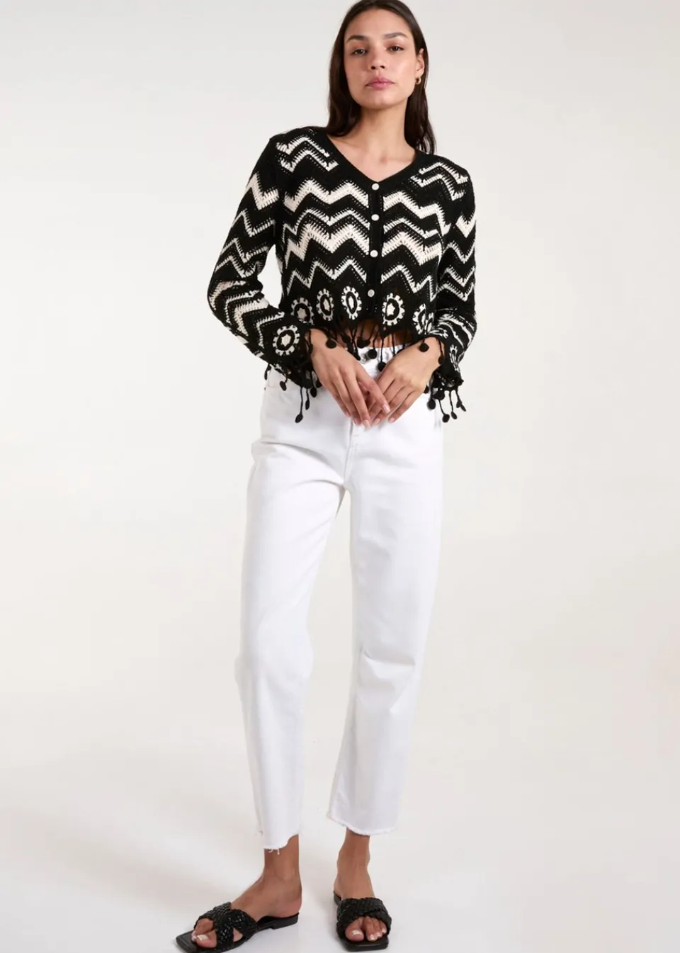 Tops>Blue Vanilla Black Crochet Zig Zag Tassel Detailed Button Front Cardigan