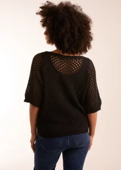 T-Shirts>Blue Vanilla Crochet Lace V Neck Top Black