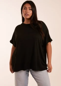 T-Shirts>Blue Vanilla Curve Floral Crochet Back Top Black