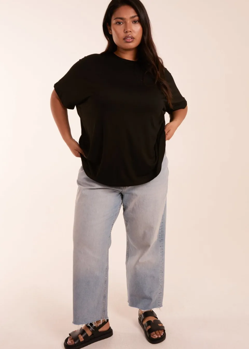 T-Shirts>Blue Vanilla Curve Floral Crochet Back Top Black