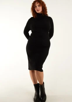 Knitwear>Blue Vanilla Curve Ribbed Roll Neck Midi Dress Black