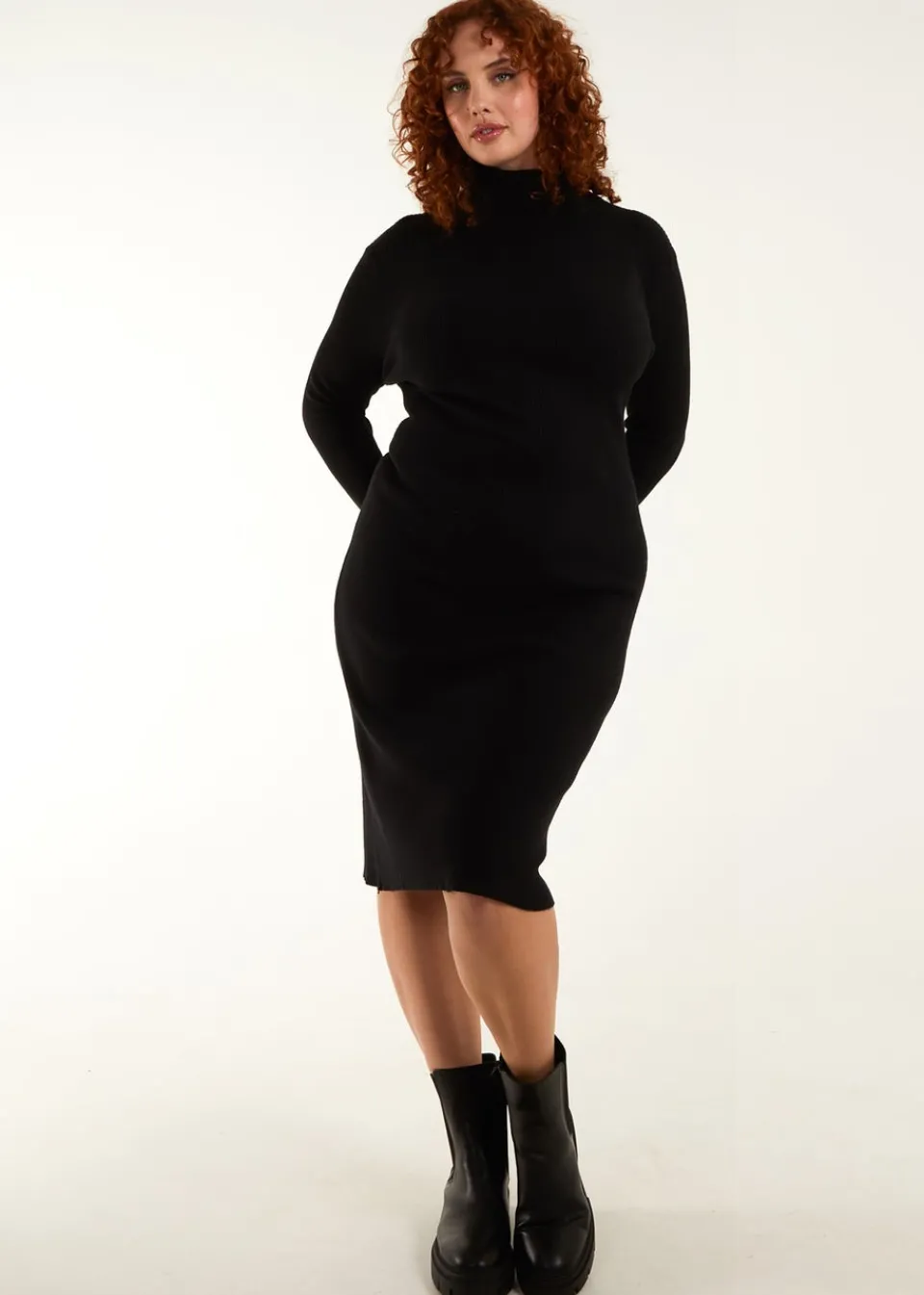 Knitwear>Blue Vanilla Curve Ribbed Roll Neck Midi Dress Black