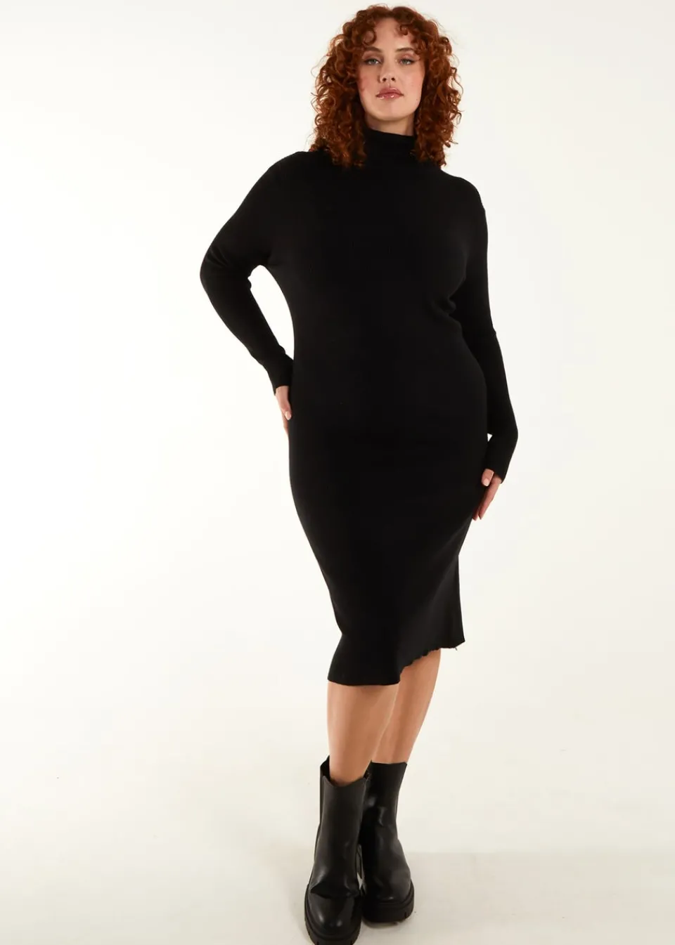 Knitwear>Blue Vanilla Curve Ribbed Roll Neck Midi Dress Black